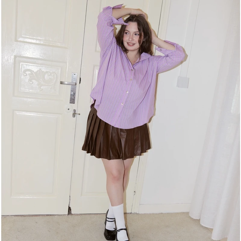 HotNipplesClub复古紫拼色条纹oversize衬衫贝壳扣宽松舒适chill