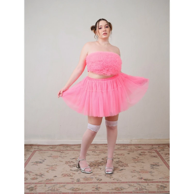 HotNipplesclub涩谷系女孩荧光粉网纱抹胸蓬蓬裙套装有大码