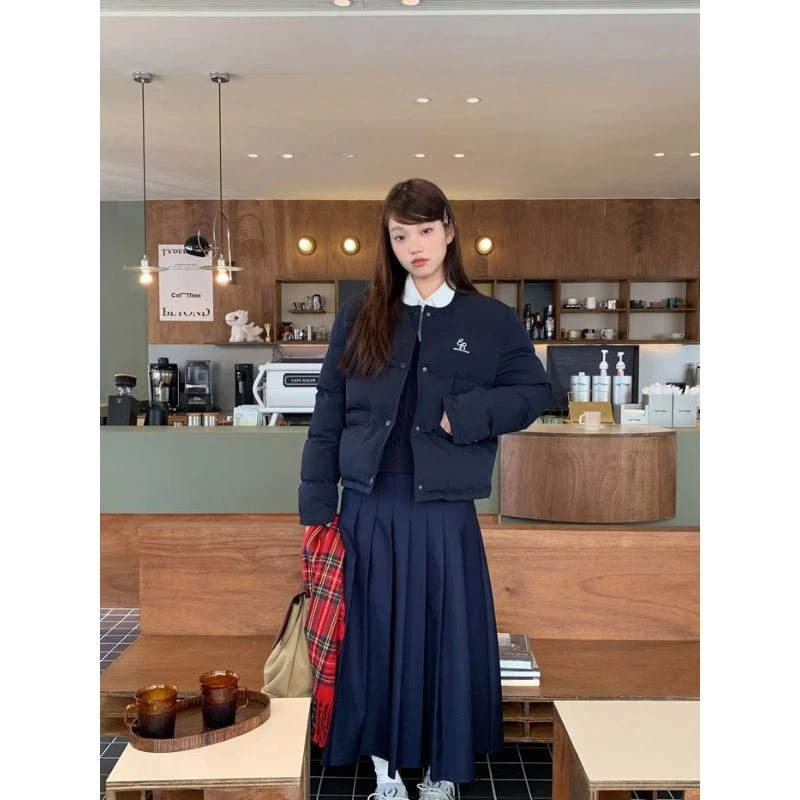 红人馆蓝色羽绒服女冬季刺绣外套2023新款小个子冬装短款简约保暖
