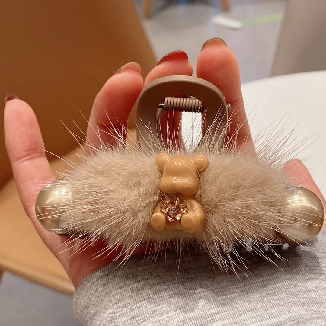 明上源M757新款韩版小熊毛毛抓夹时尚百搭简约气质发抓法式毛茸茸