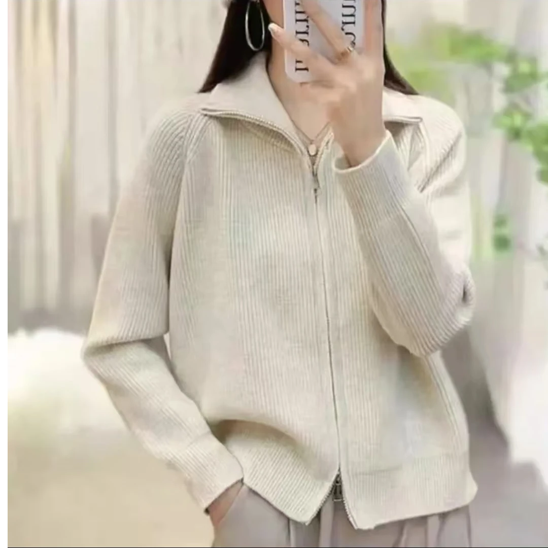 2024秋冬新款韩版光板双拉链宽松百搭时尚减龄纯色针织衫开衫