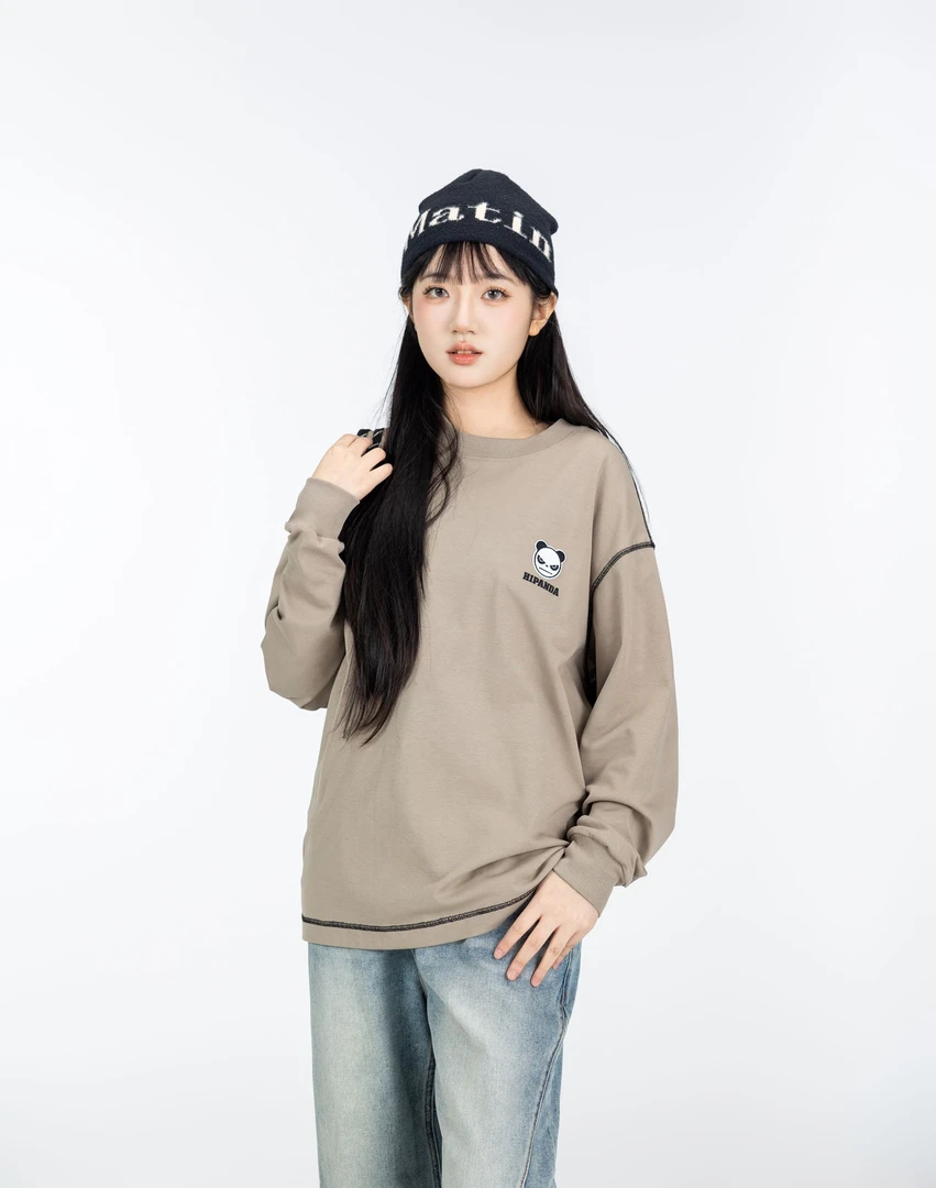 Hipanda秋季男女同款针线时尚拼色宽松螺纹圆领长袖24AWWH006/1