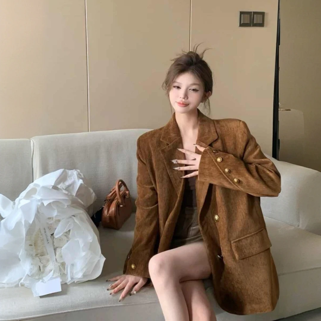 美拉德复古夹棉西装女装2024新款秋冬季高级感气质加厚西服外套