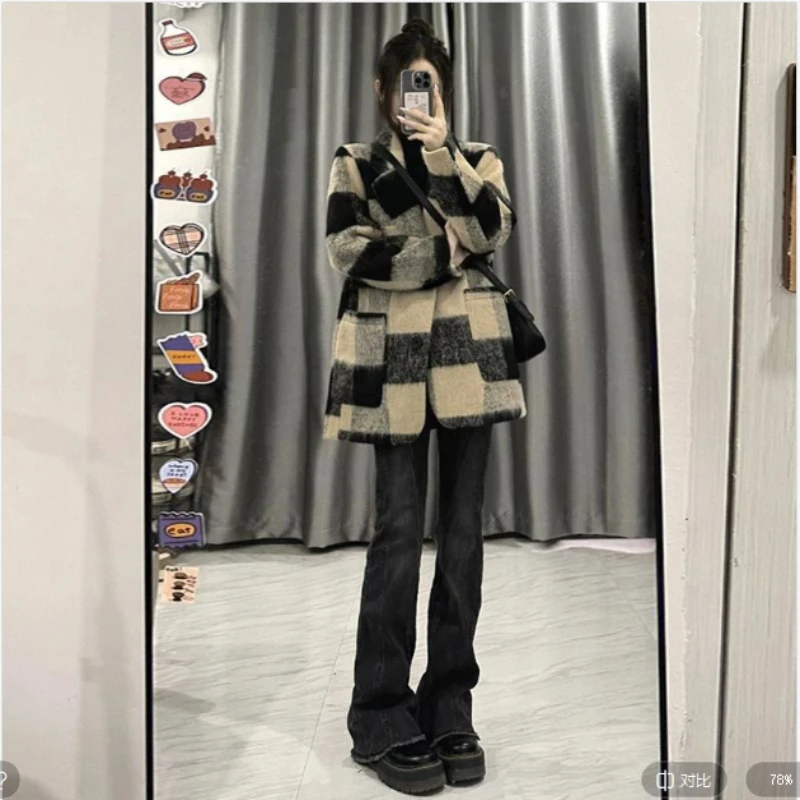 格子西装毛呢长袖外套女2025年秋冬新款赫本风小个子加厚呢子大衣