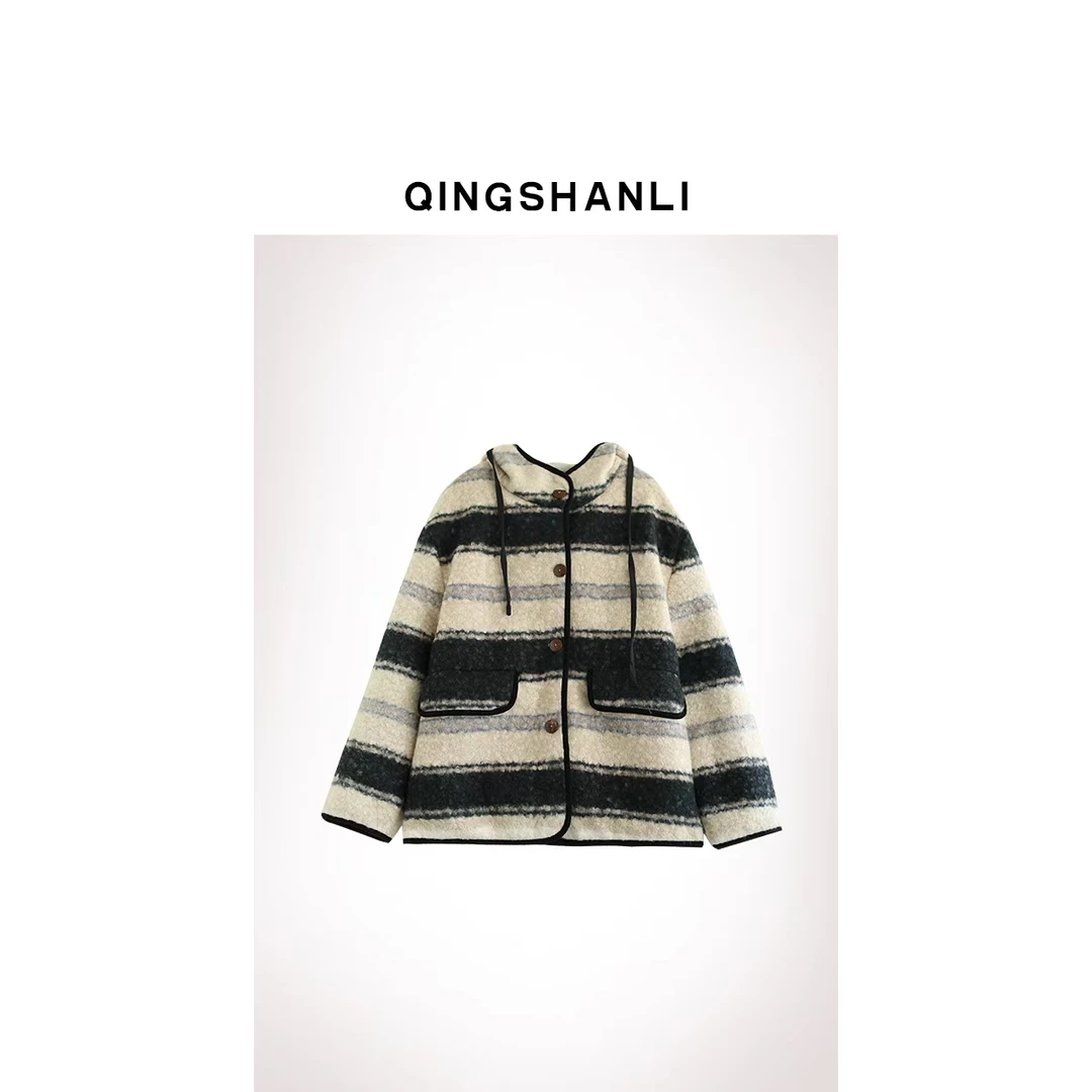 S0126-雪顶千层北欧仿羔羔毛撞色手工灯芯绒滚边呢绗棉大衣外套女