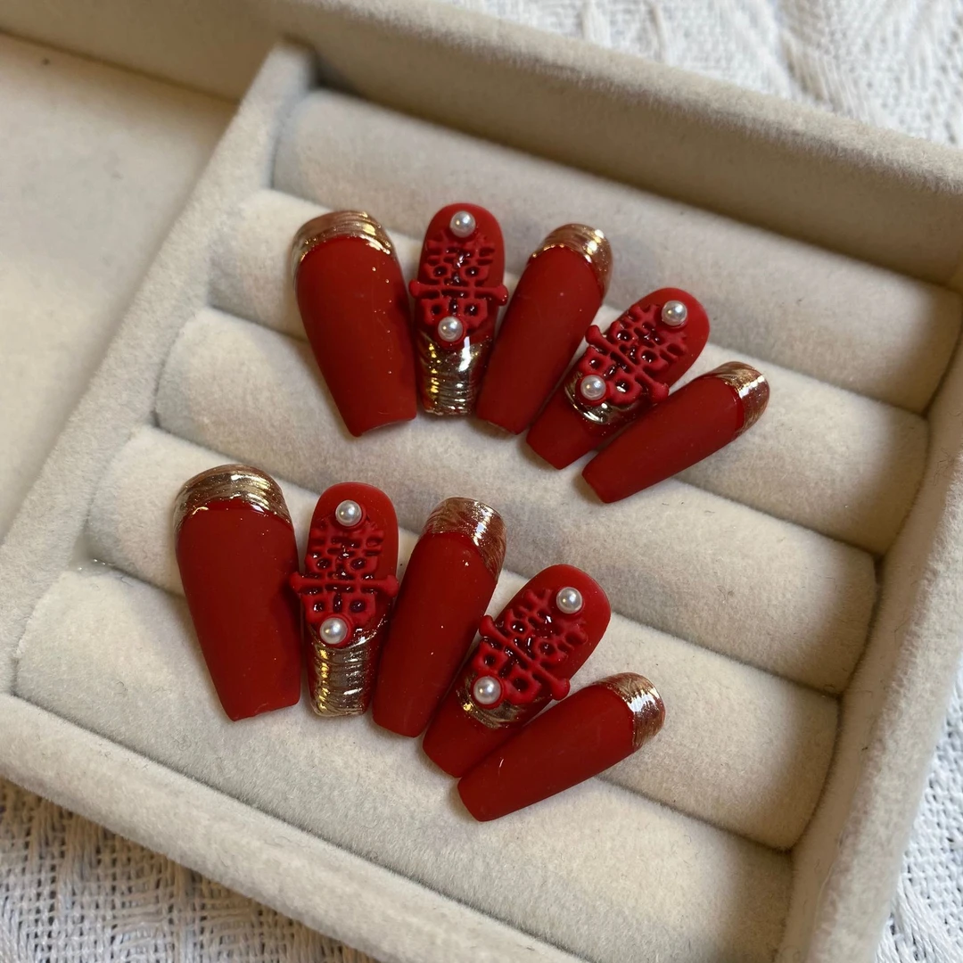 【囍】#77婚甲 小红书爆款纯手工穿戴甲磨砂结婚美甲