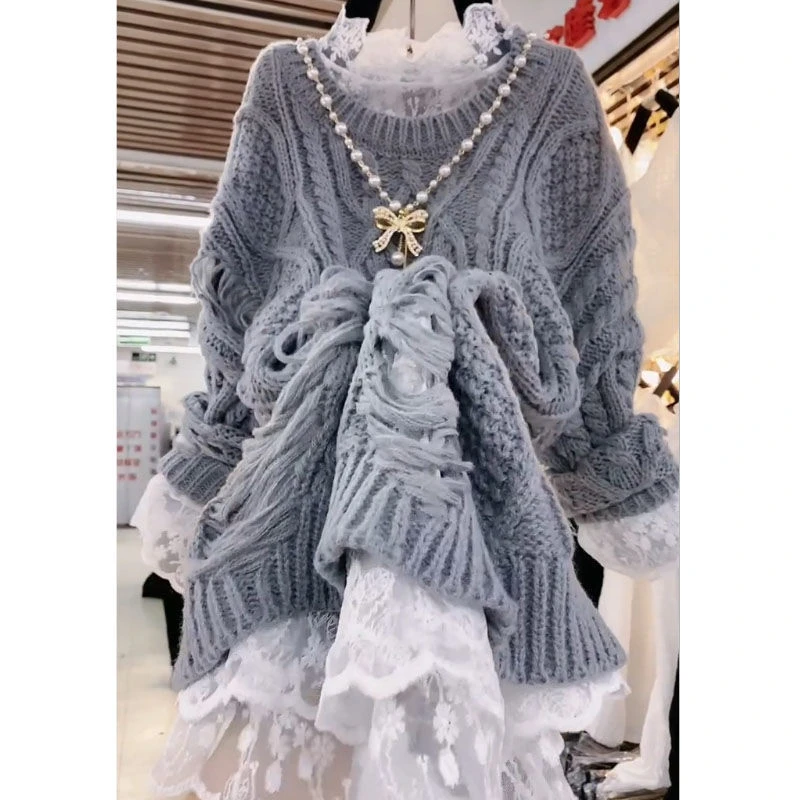 2023秋冬韩版麻花慵懒风加厚毛衣女宽松外穿套头中长款打底针织裙