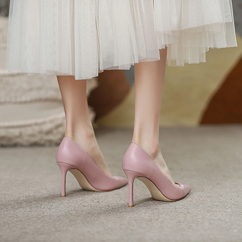 飞燕女鞋2023新款升级版浅口单鞋订婚鞋细跟敬酒服粉色真皮高跟鞋