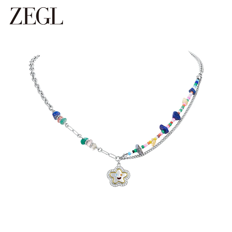 ZEGL 钛钢项链 彩色笑脸串珠项链女小众甜酷夏季双层锁骨链DB