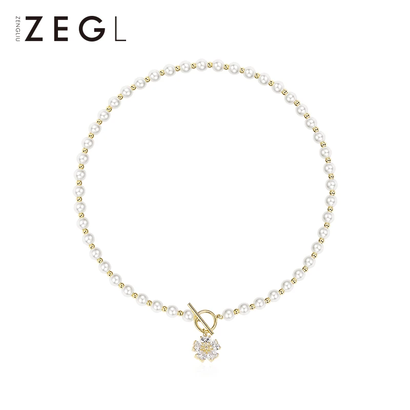 ZEGL 合金项链 法式优雅爆款串珠项链女轻奢ot扣气质小众花朵吊坠