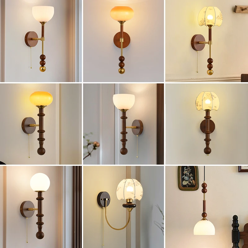 中古实木卧室壁灯法式复古侘寂风床头灯设计师背景墙过道氛围灯具