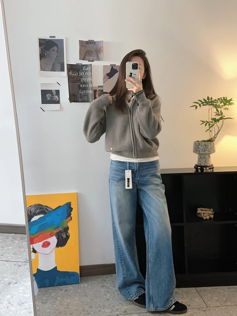 韩国东大门复古感双头拉链简约款连帽毛衣开衫