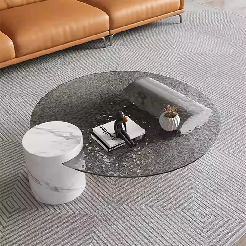 客厅家用个性轻奢精致简约几何天然大理石圆形水波纹玻璃创意茶几