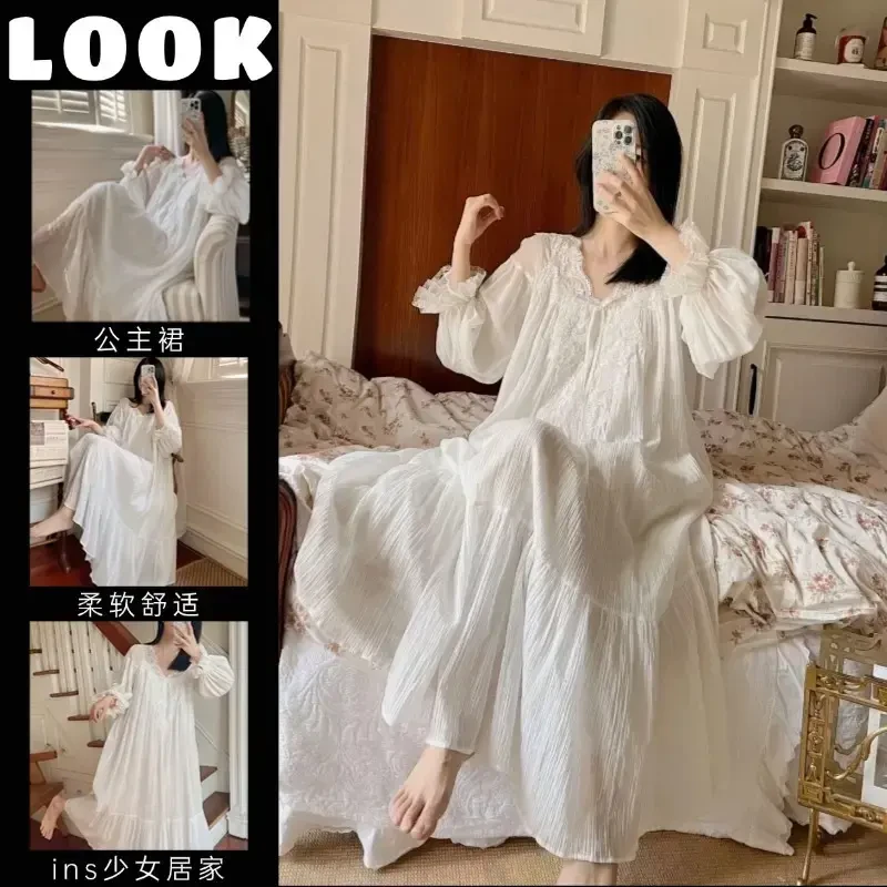 法式宫廷睡裙女春秋季长袖很仙的睡衣蕾丝花边公主风长裙子家居服