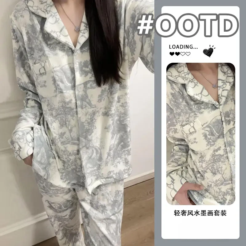 轻奢水墨画德绒家居服女秋冬保暖高级字母绘画设计感长袖睡衣套装