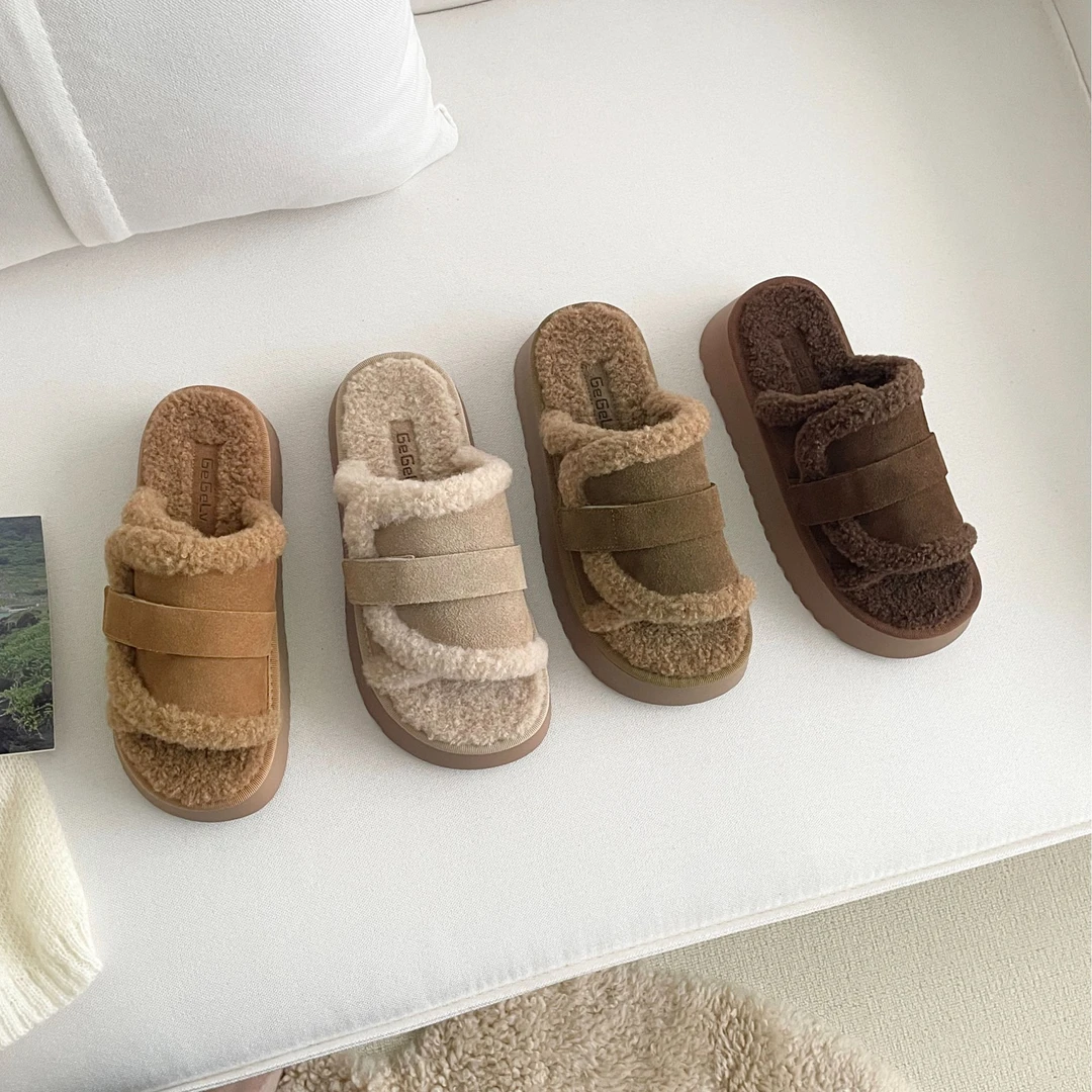 9036 厚底毛毛拖鞋女外穿加绒2024年秋冬磨砂皮休闲百搭毛绒拖鞋