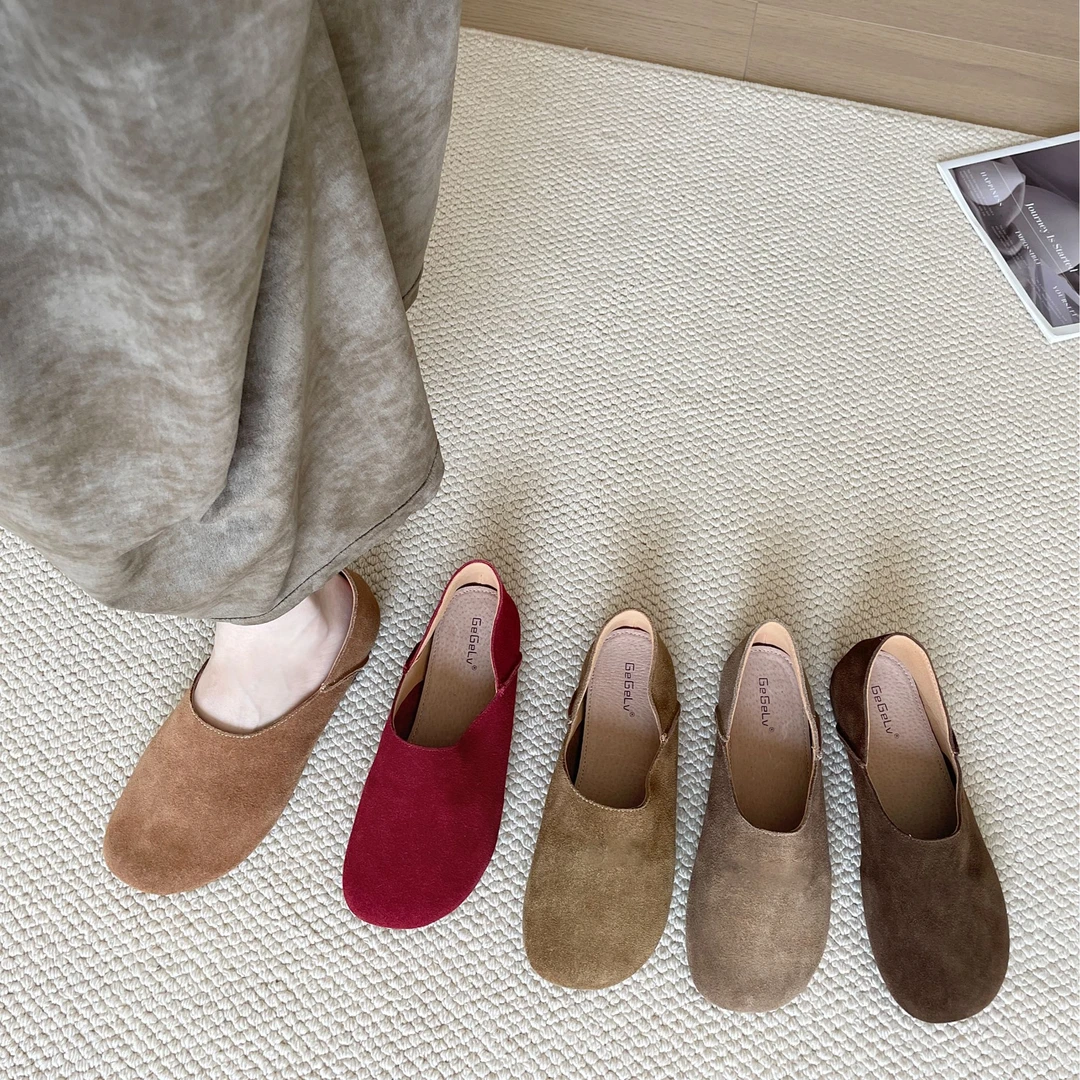 复古磨砂勃肯鞋女2024年秋季小众丑萌圆头深口软皮豆豆瓢鞋子