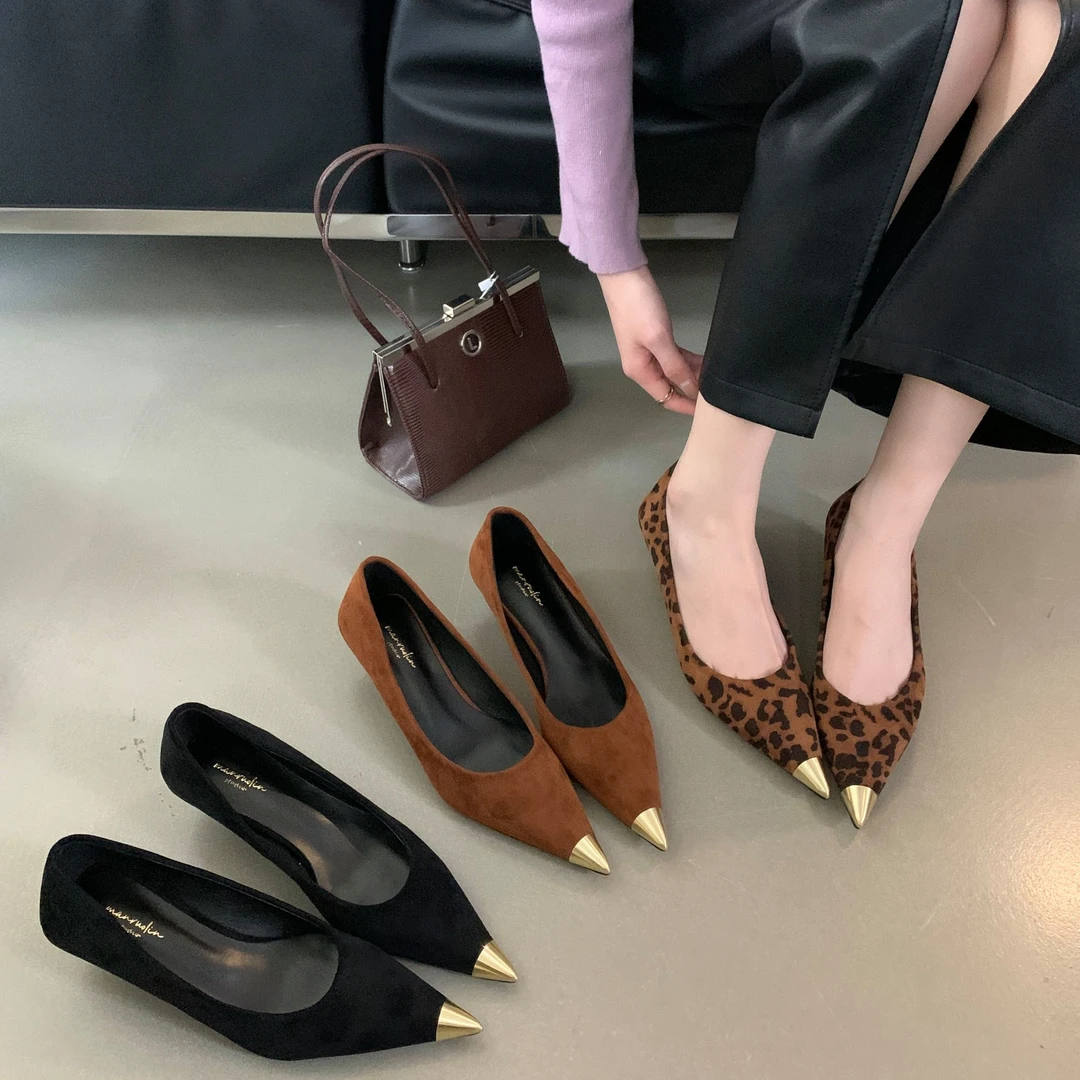 法式气质小猫跟尖头豹纹高跟鞋女鞋子2024新款夏季小香风配裙单鞋
