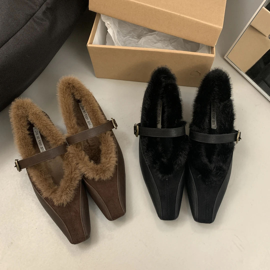 小香风仙女毛毛鞋女2024冬外穿粗跟一字扣玛丽珍水貂毛加绒棉单鞋