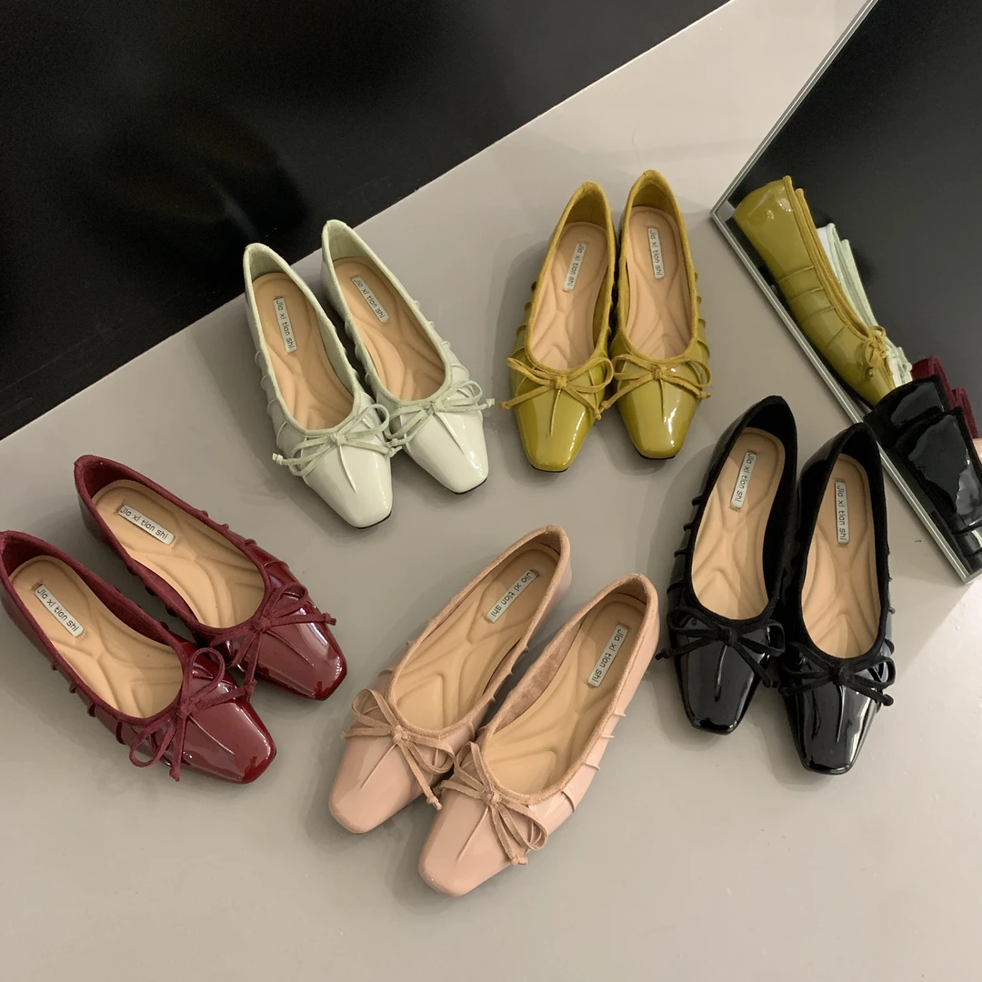 褶皱韩版方头蝴蝶结浅口单鞋2024年秋新款气质平底小皮鞋瓢鞋时尚