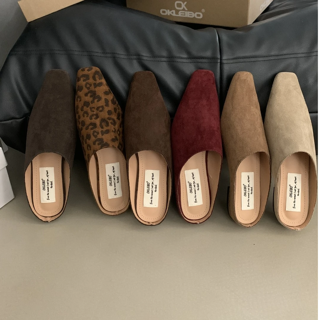 法式小众方头包头拖鞋女秋冬新款低跟绒面温柔复古懒人一脚蹬半拖