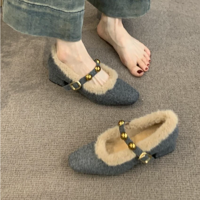 819-5复古粗跟小香风毛毛鞋女加绒保暖玛丽珍鞋方头法式棉单鞋