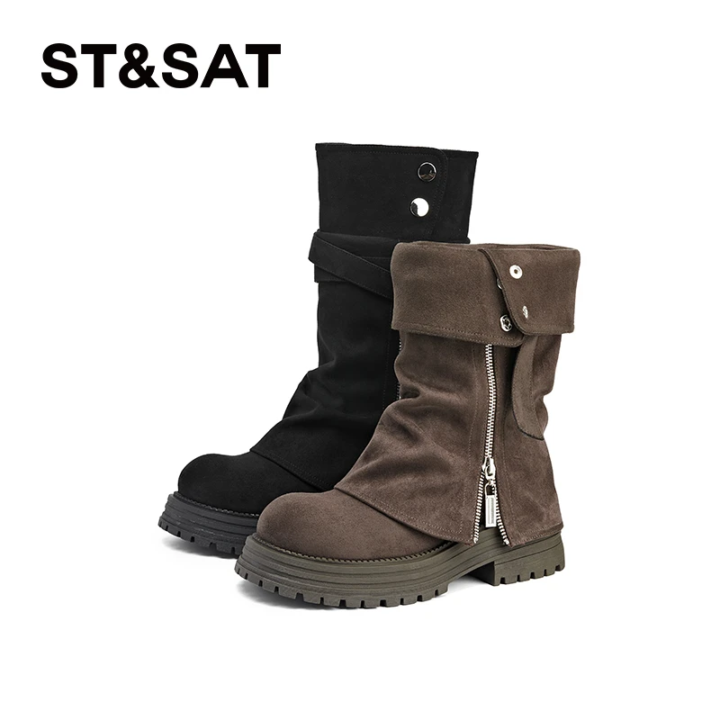 星期六2024秋冬新款时尚厚底复古百搭显瘦英伦风圆头中筒靴