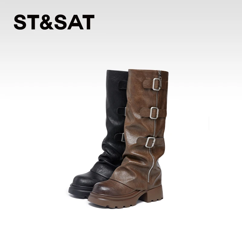 星期六2024秋冬新款百搭时尚厚底骑士时装长靴