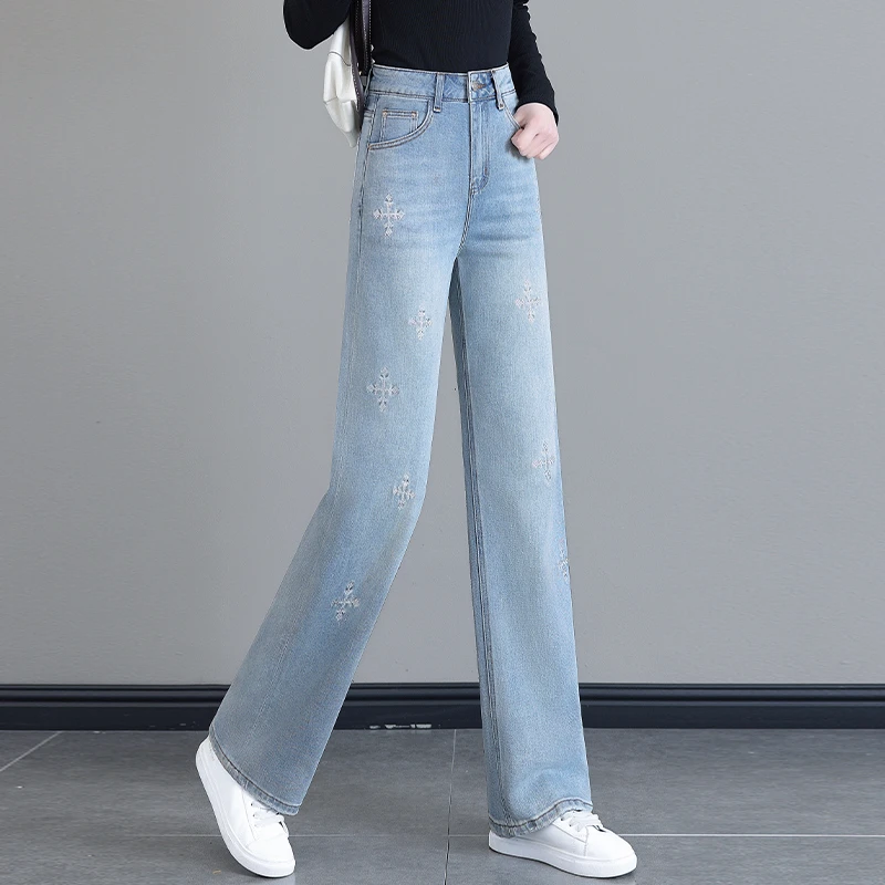 直筒牛仔裤女2024春秋新款高腰浅色裤子小个子显瘦刺绣窄版阔腿裤