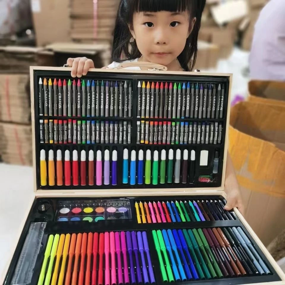 水彩笔绘画美术用品跨境文具儿童180木盒画笔套装画笔全套一整套