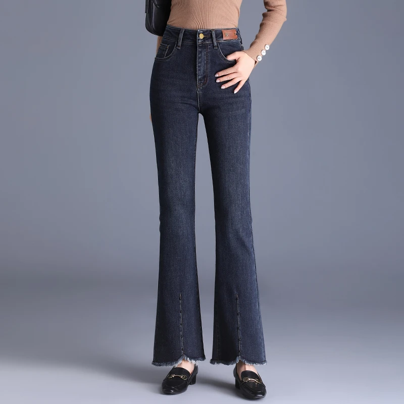 正品高端高腰微喇牛仔裤女2024秋季新款修身显瘦喇叭鱼尾马蹄裤子