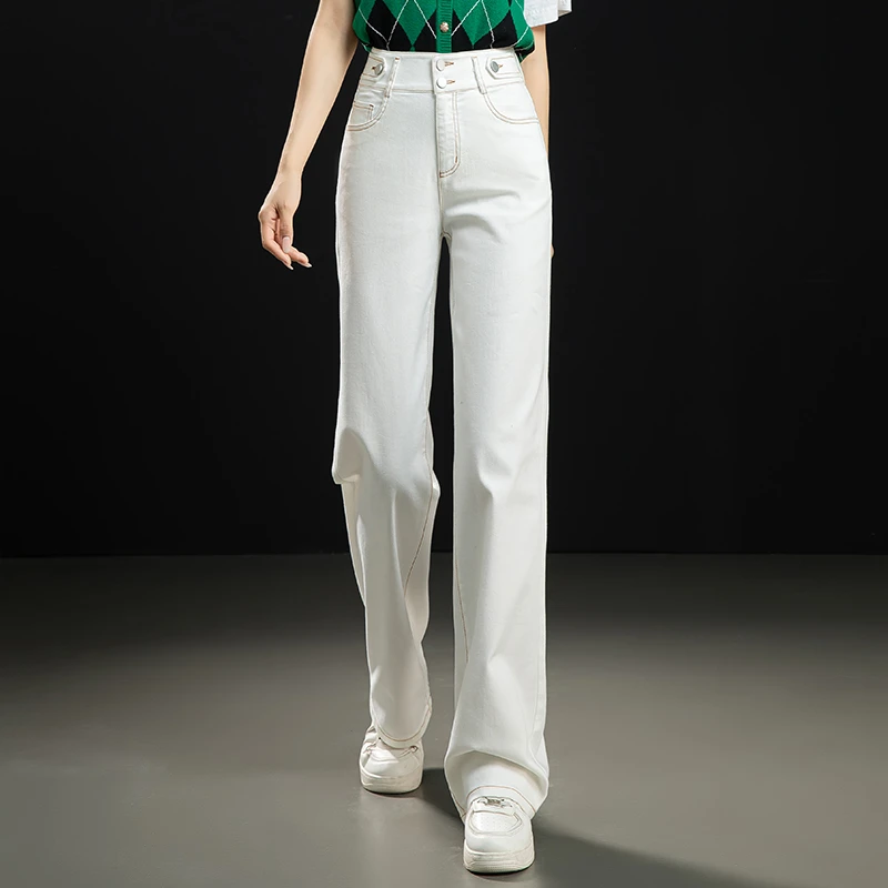 哥弟阿玛施正品阔腿牛仔裤春秋高腰显瘦时尚白色弹力直筒牛仔裤女