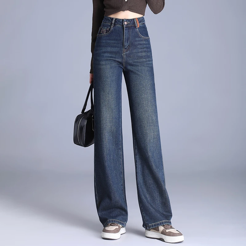 正品高端阔腿牛仔裤女秋季2024新款高腰窄版时尚刺绣直筒拖地裤子