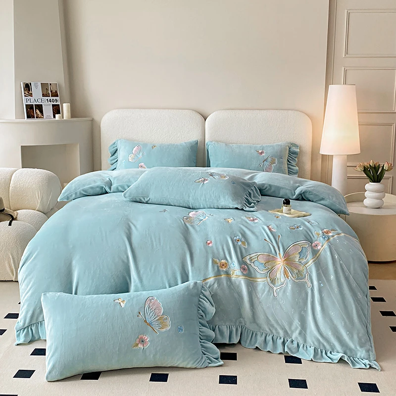 加绒保暖法式风高克重加厚牛奶绒四件套刺绣贴纱款套件-幻蝶系