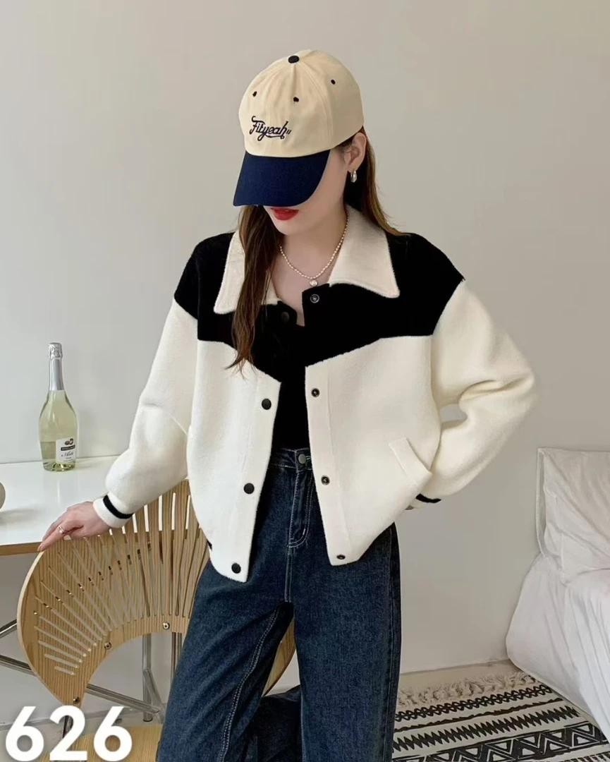 衣然美家 双面绒翻领开衫拼接外套秋冬新款洋派宽松减龄百搭时尚