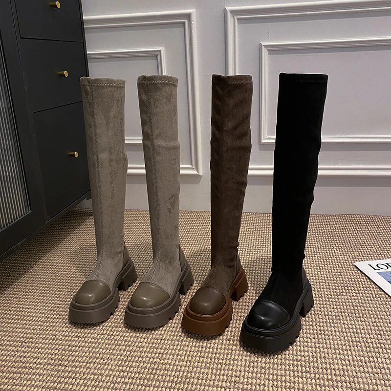 贾不假弹力靴女款2024早秋新款时尚百搭厚底英伦风舒适休闲瘦瘦靴