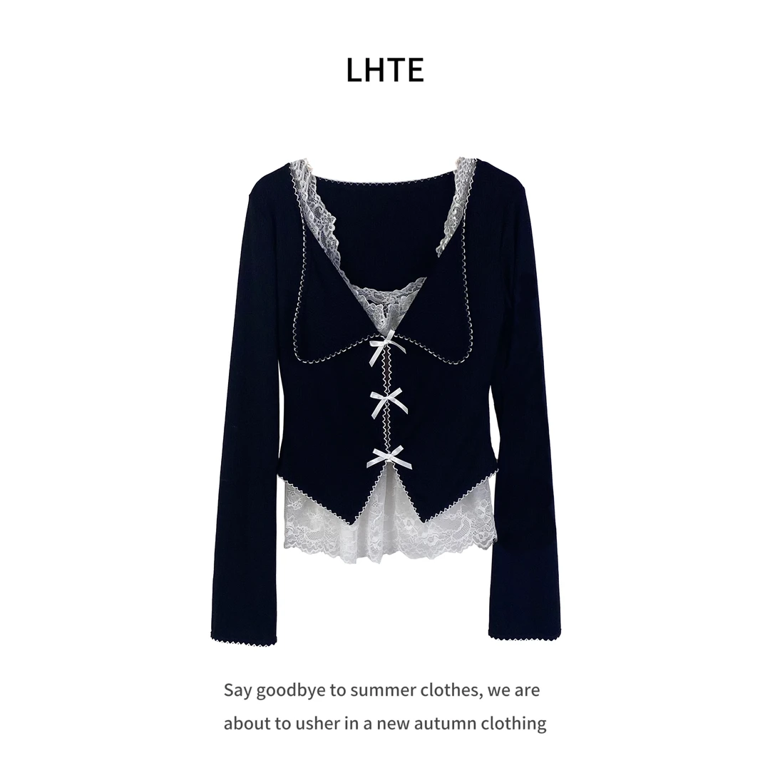 【青青定制】T0239黑色V领小衫+蕾丝吊带两件套装黑色收腰套头小衫