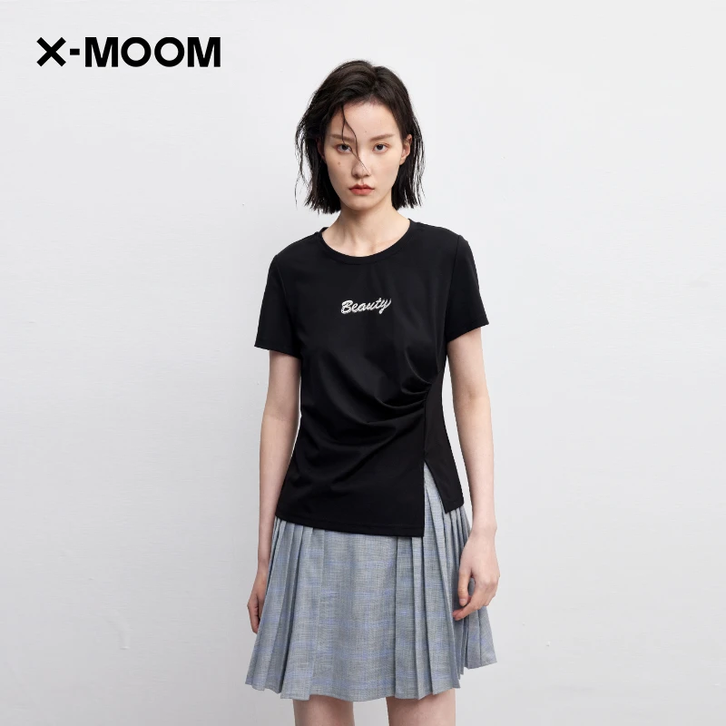 X--MOOM夏季新款抽褶重工刺绣下摆开叉圆领T恤女ZWXTA81515