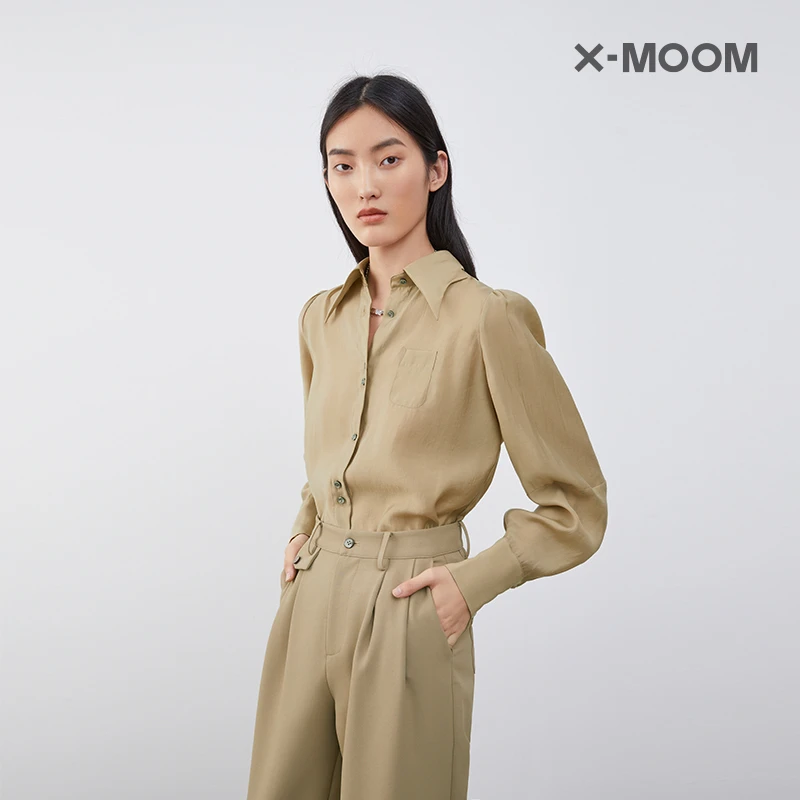 X--MOOM秋季卡其休闲衬衫设计感领子泡袖衬衣时尚收腰ZUQCC17654