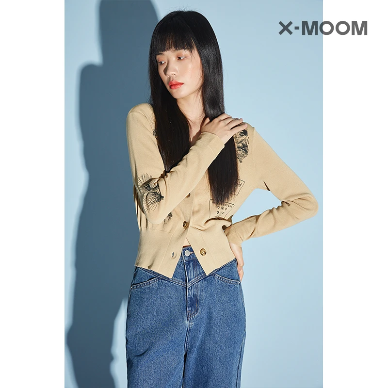 X-MOOM修身长袖上衣短款针织衫小众秋季开衫卡其色开衫ZUCWA16866