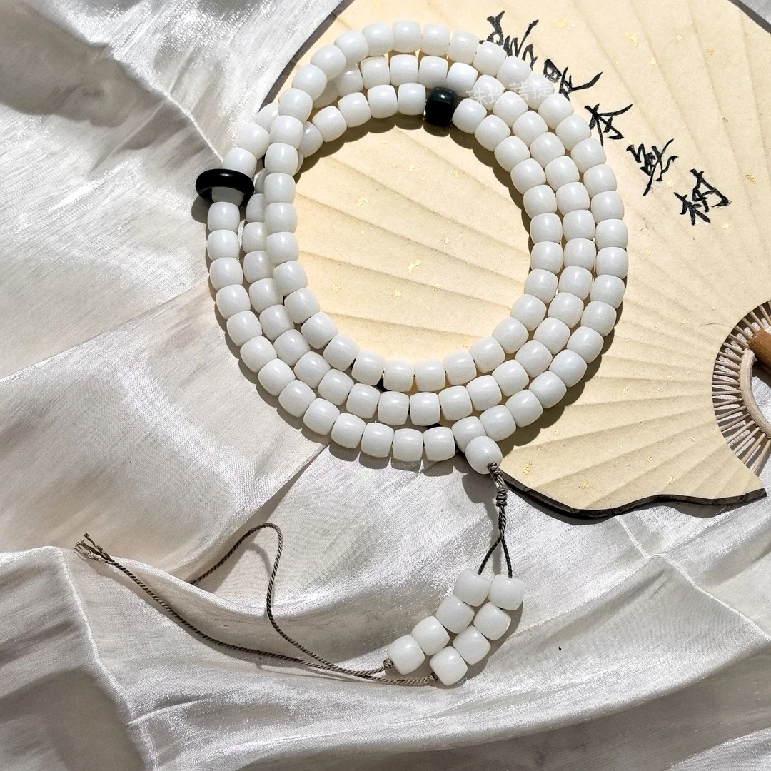 菩提根白色直切10*11mm原生态108颗文玩手作跑环款念珠无漂白