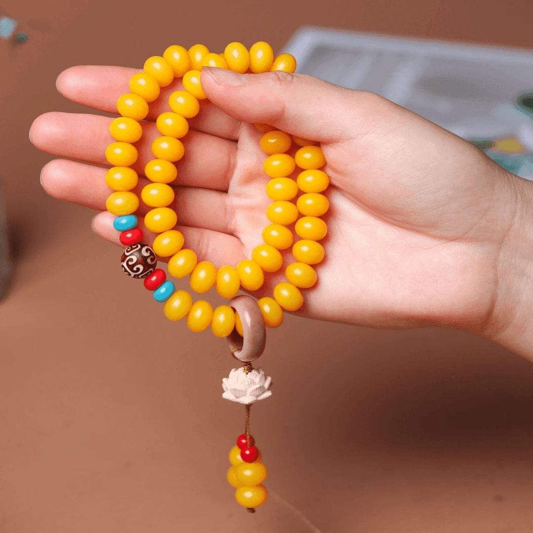 黄菩提双圈手串 莲花吊坠回纹珠手作菩提子文玩念珠8*11mm（盘玩袋