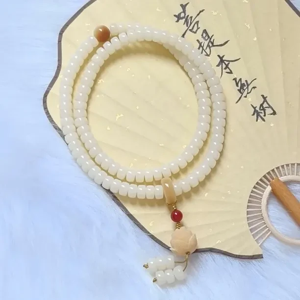玉化料奶油白菩提108颗药片珠菩提手串手持脖挂（送盘玩袋）