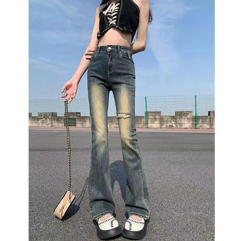 2024年弹力高腰微喇叭裤女显瘦辣妹百搭复古夏季薄款美式牛仔裤子