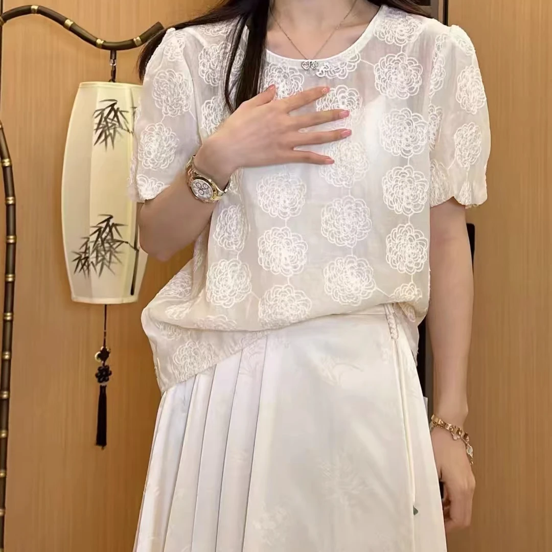 链接下单备注编码新中式盘扣刺绣提花短袖女设计感宽松减龄上衣
