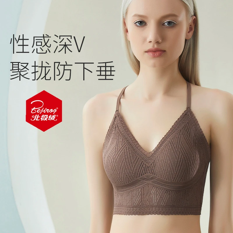 夏季法式性感V领吊带文胸背心bra交叉美背少女半固定杯中长款内衣