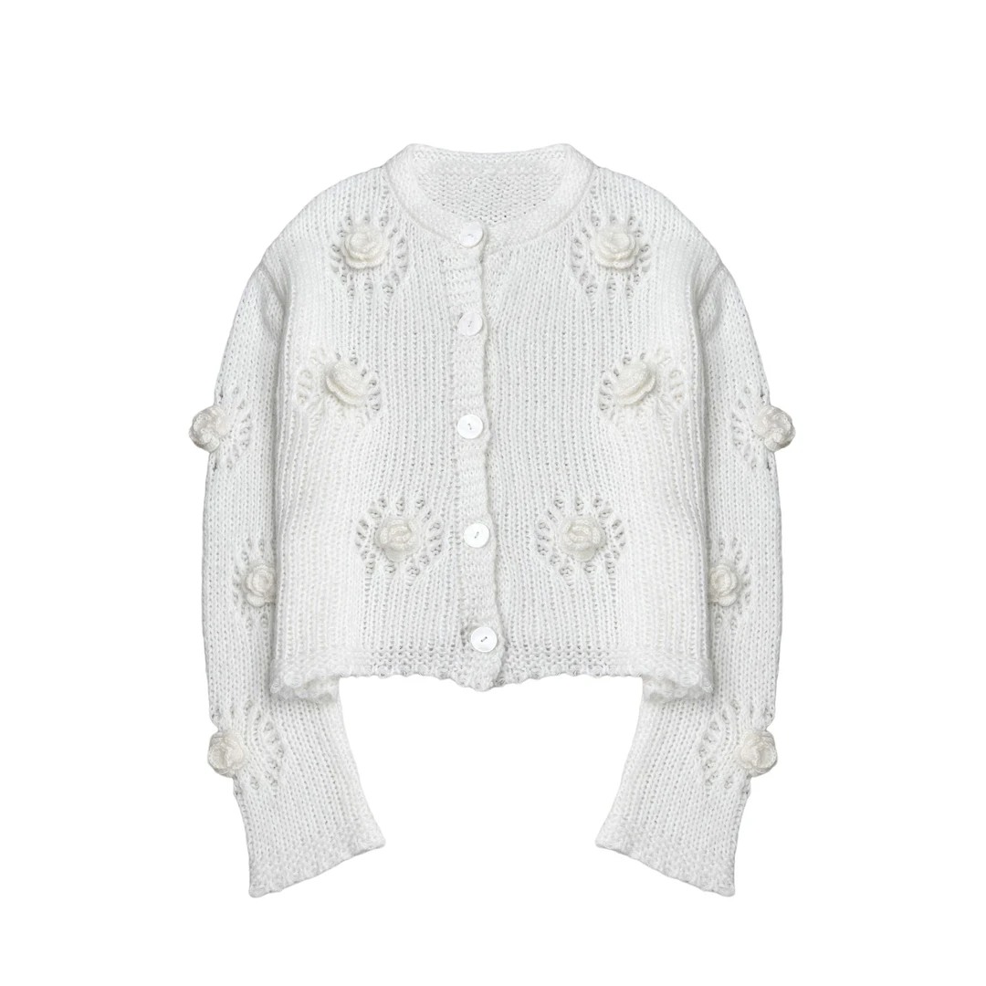 立体花针织衫开衫女2024秋冬别致设计感宽松圆领毛衣外套花朵毛衣