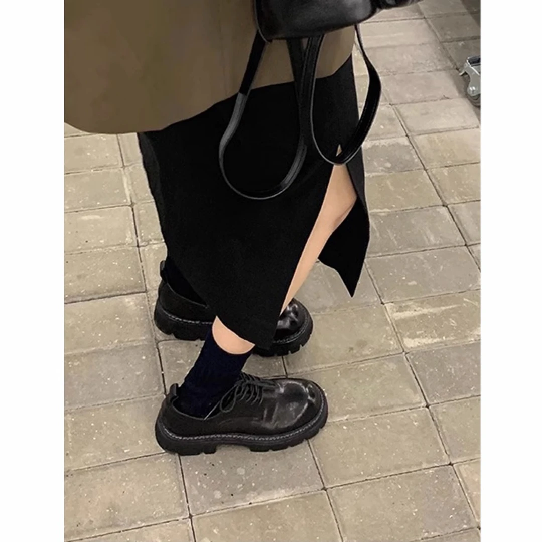 真皮英伦风小皮鞋女2024年春秋新款学院风复古大头系带厚底乐福鞋