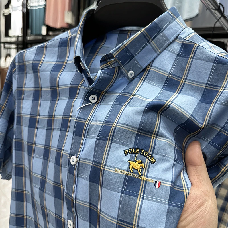 Zero Degree North100%纯棉短袖格子衬衫夏季男士衬衣免烫寸衫