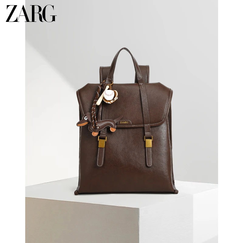 ZARG复古经典高级感咖色双肩包女休闲大容量背包-60278